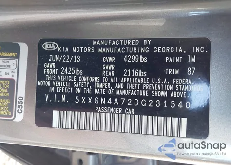 2013 Kia Optima Ex z USA, uszkodzony, nr VIN 5XXGN4A72DG231540